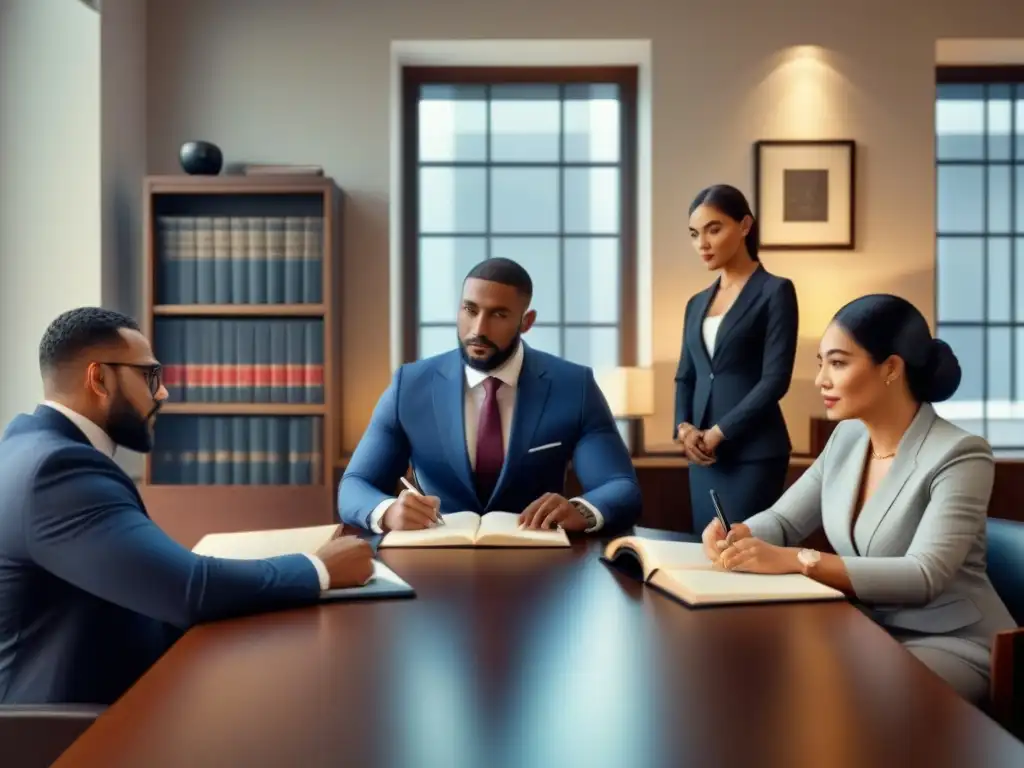 Abogado latino explica herencias internacionales con precisión Un abogado latino explica conceptos legales a clientes, en una elegante oficina legal