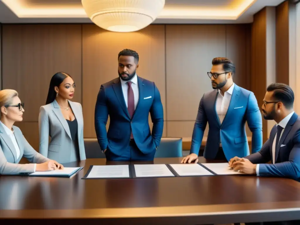 Abogados internacionales en sala multicultural 8k Abogados internacionales en un ambiente multicultural negociando litigios bienes raíces internacionales en una sala elegante