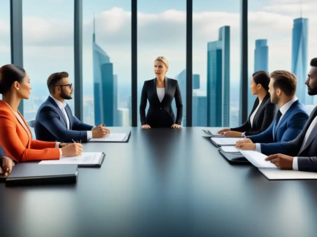 Abogados globales en acción: mesa de negociaciones Abogados de diferentes países discuten leyes de sucesión inmobiliaria internacionales en moderna sala de juntas con vista a la ciudad