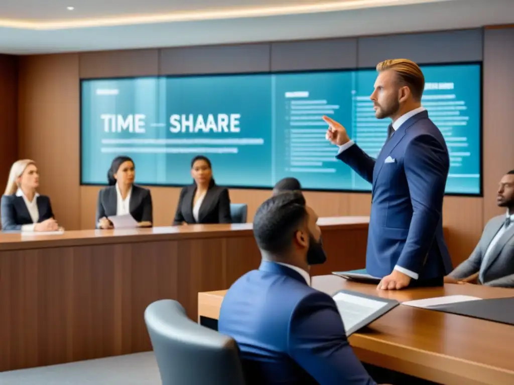 Profesionales legales debaten leyes de tiempos compartidos Abogados discutiendo términos legales tiempo compartido internacional en moderno tribunal con pantalla digital