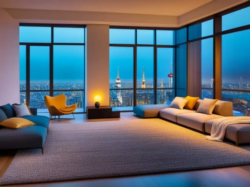 Salón acogedor con vista nocturna de la ciudad y tecnología inteligente Acogedor salón en un apartamento moderno con vista a la ciudad de noche, mezcla de tecnología digital y calidez humana