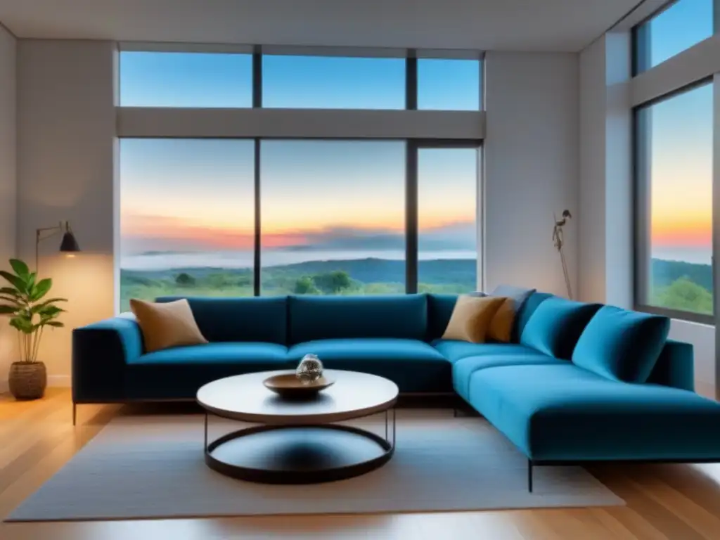 Salón moderno en alquiler: muebles elegantes y colores vibrantes Un acogedor salón moderno en una propiedad de alquiler con muebles elegantes y colores vibrantes, y amplias ventanas que dejan entrar la luz natural, creando un espacio acogedor y cómodo para posibles inquilinos