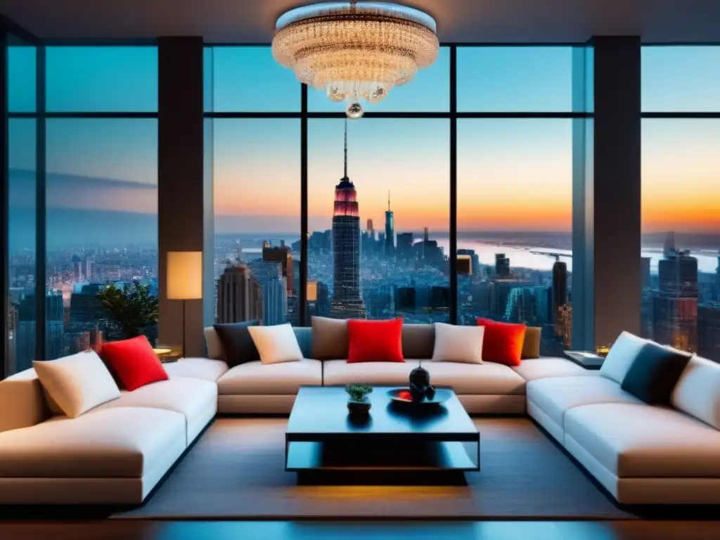 Sala de estar de lujo con vista panorámica urbana al anochecer Acogedor salón moderno con vista urbana al atardecer