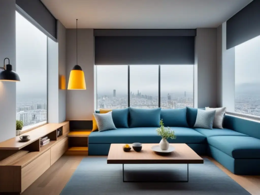 Sofisticada sala de estar multifuncional en apartamento pequeño Acogedor salón multifuncional en apartamento pequeño con diseño residencial optimizando espacios
