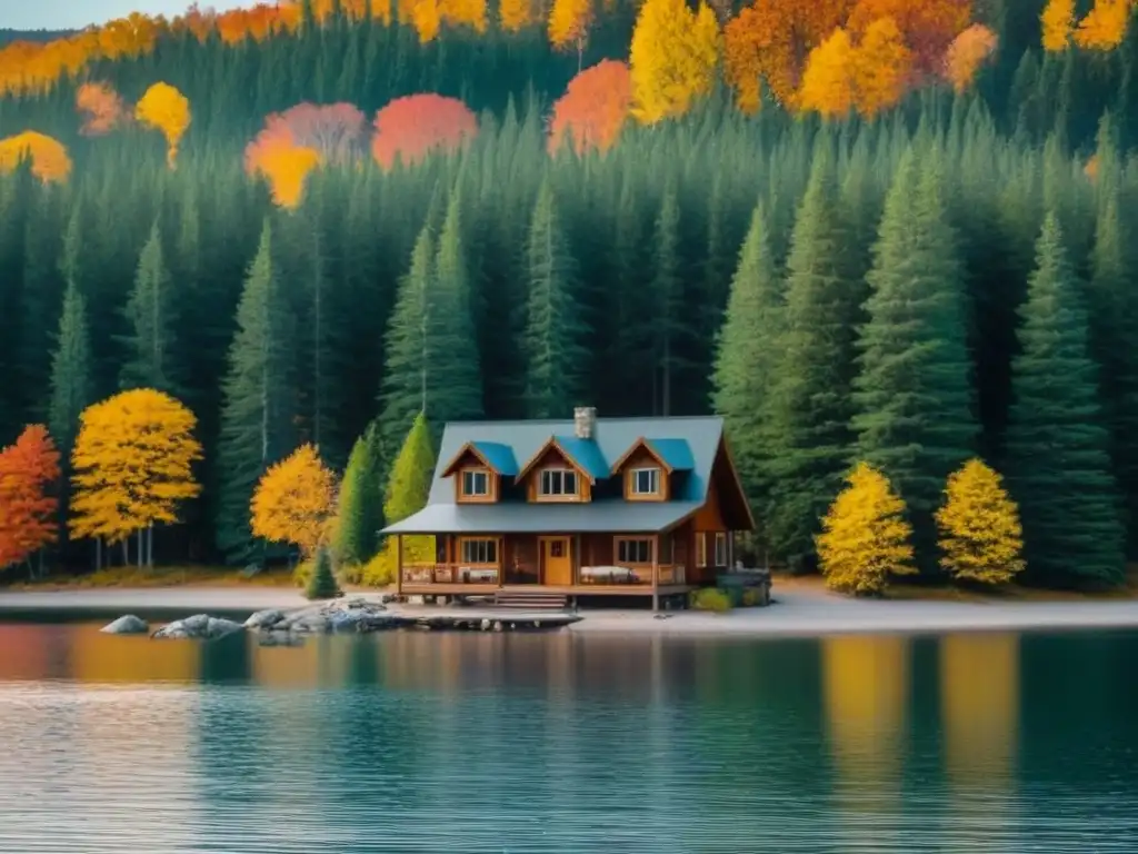 Cabaña de ensueño en el bosque otoñal de América del Norte Acogedora cabaña junto al lago en otoño en Norteamérica