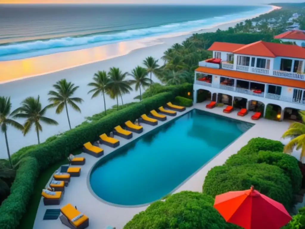 Paraíso costero: alquileres vacacionales con piscina y jardines tropicales al atardecer Acogedora ciudad costera con alquileres vacacionales de corto plazo, piscinas privadas y jardines tropicales