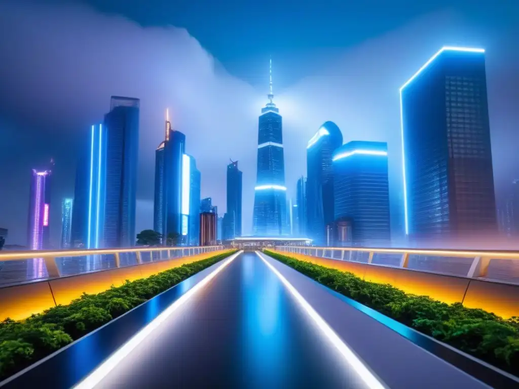 Metrópolis futurista en 8k: rascacielos verdes y luces neón Tokenización de activos inmobiliarios en una ciudad futurista con rascacielos interconectados por pasarelas de vidrio y luces de neón