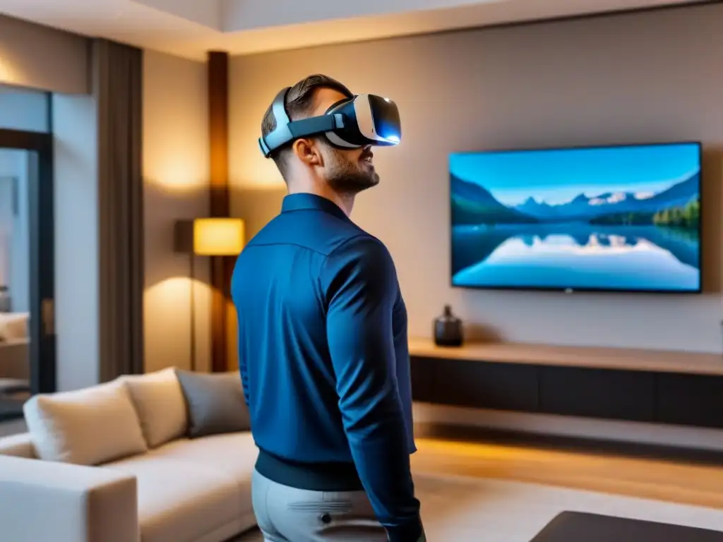 Realidad Virtual en Bienes Raíces: Agente Inmobiliario en Salón de Lujo Un agente inmobiliario usa casco de realidad virtual en lujoso salón moderno con tecnología avanzada mostrando Ventas inmobiliarias visitas virtuales