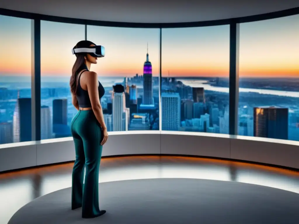 Realidad virtual inmersiva para agentes inmobiliarios Un agente inmobiliario profesional usando un casco de realidad virtual en una lujosa propiedad moderna