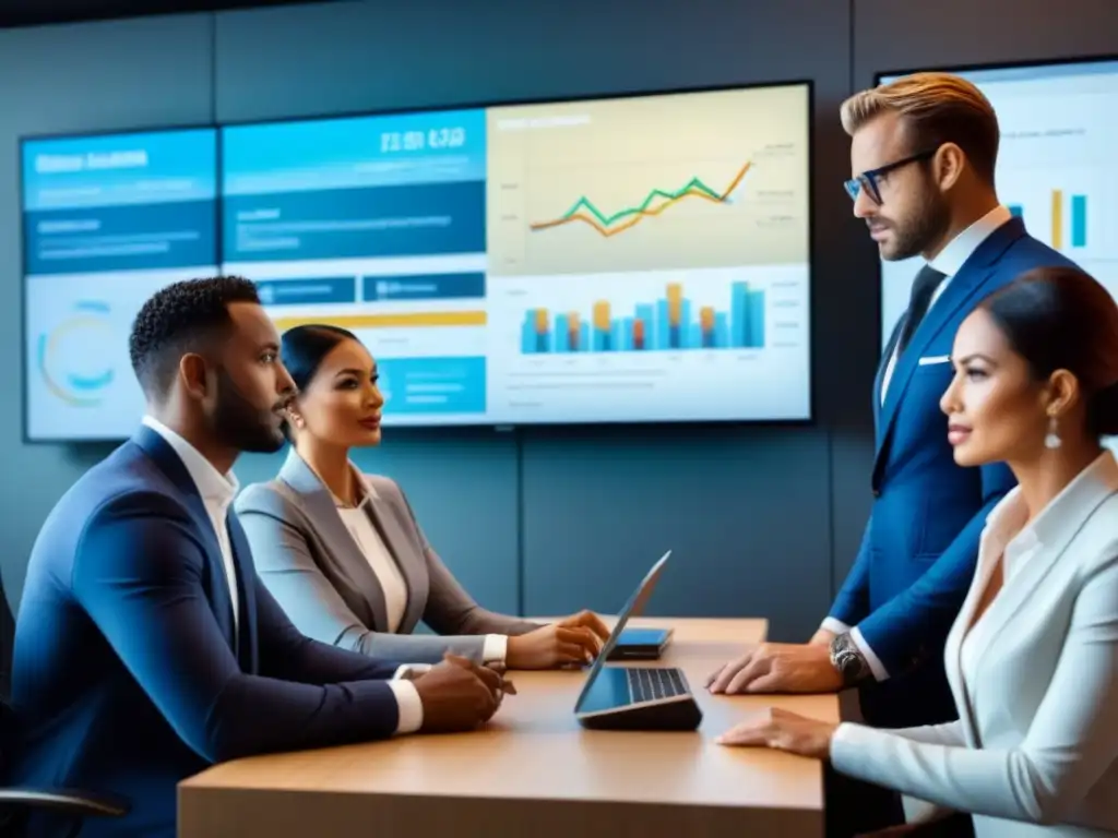 Reunión de agentes inmobiliarios internacionales en oficina moderna Agentes hipotecarios en inversiones internacionales reunidos en oficina moderna, rodeados de pantallas digitales con gráficos financieros