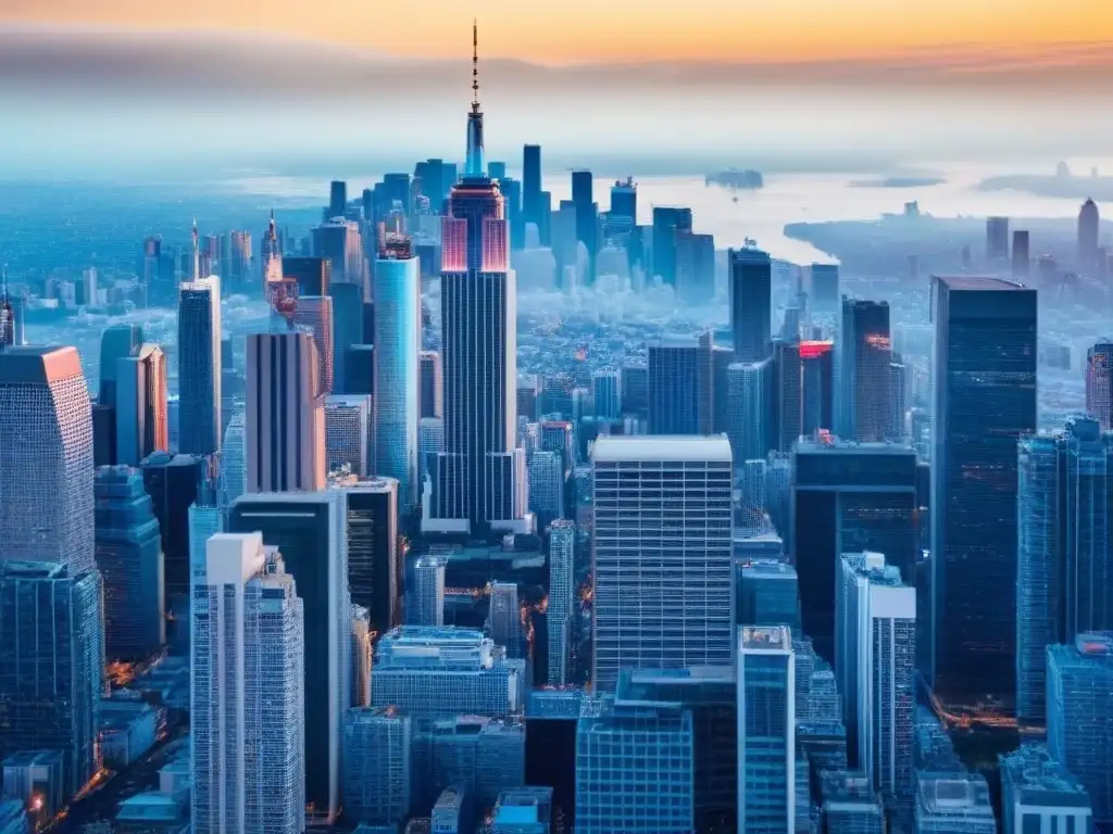 Oportunidades de inversión inmobiliaria global: Skyline urbano moderno Agentes hipotecarios en inversiones internacionales: Vista aérea de una ciudad llena de rascacielos modernos bajo un cielo azul claro