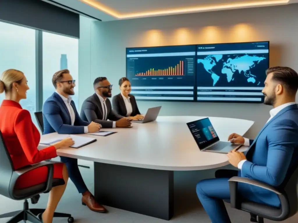 Inversores internacionales y agentes hipotecarios: colaboren en la inversión inmobiliaria de éxito Agentes hipotecarios en inversiones internacionales discuten con inversores en moderna sala de juntas, rodeados de tecnología