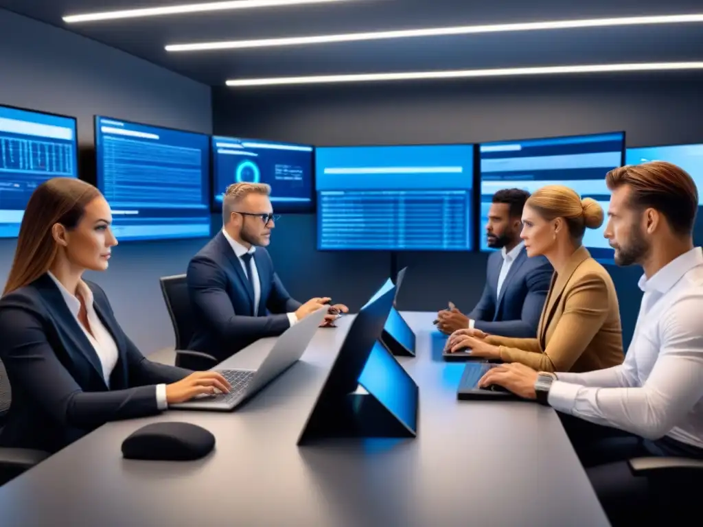 Profesionales inmersos en ciberseguridad en oficina futurista Agentes inmobiliarios comprometidos discuten ciberseguridad en oficina futurista