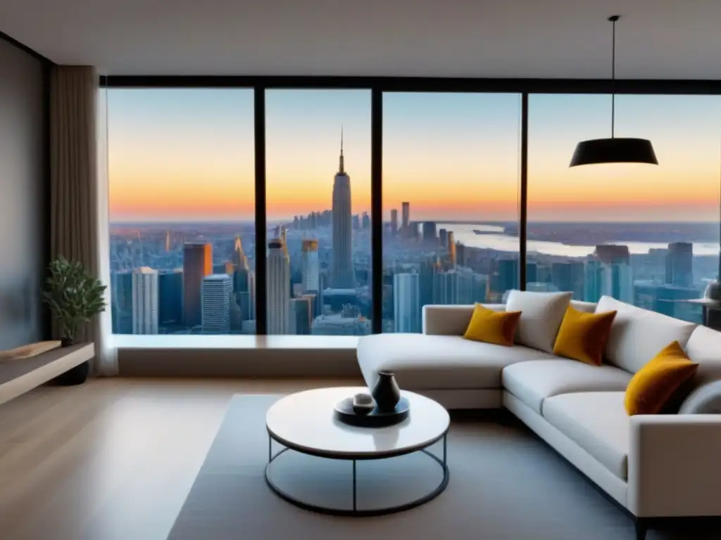 Airbnb de lujo: Diseño moderno con vistas impresionantes Un Airbnb lujoso con vista a la ciudad, decoración elegante, muebles de diseño y cama king size