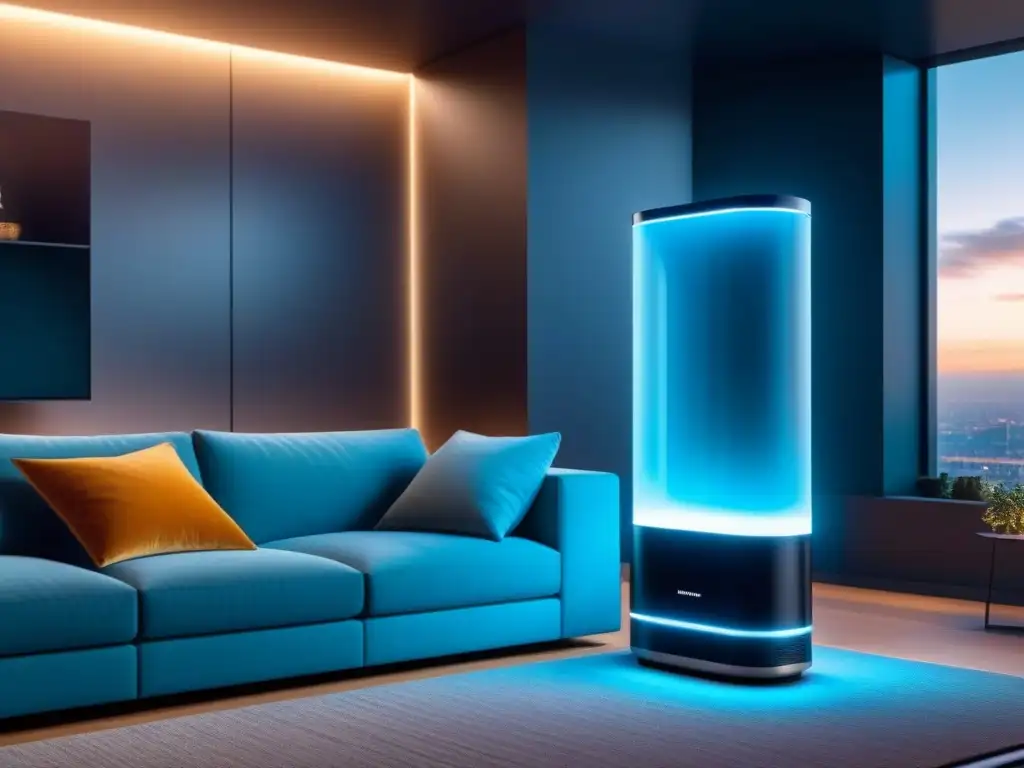 Revolucionario sistema de purificación de aire en sala de estar moderna Purificación de aire para interiores en sala contemporánea con diseño futurista y sofisticado