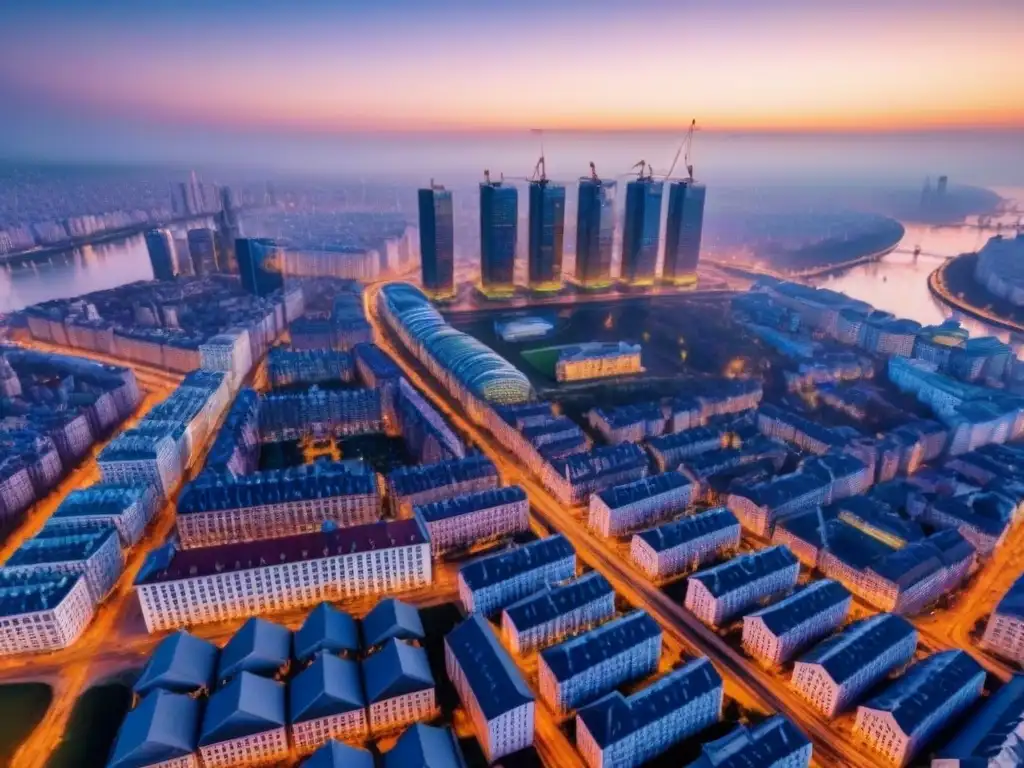 Vibrante ciudad europea: arquitectura histórica y rascacielos modernos El ajetreado mercado inmobiliario en Europa del Este: una ciudad bulliciosa con arquitectura histórica y rascacielos modernos en construcción
