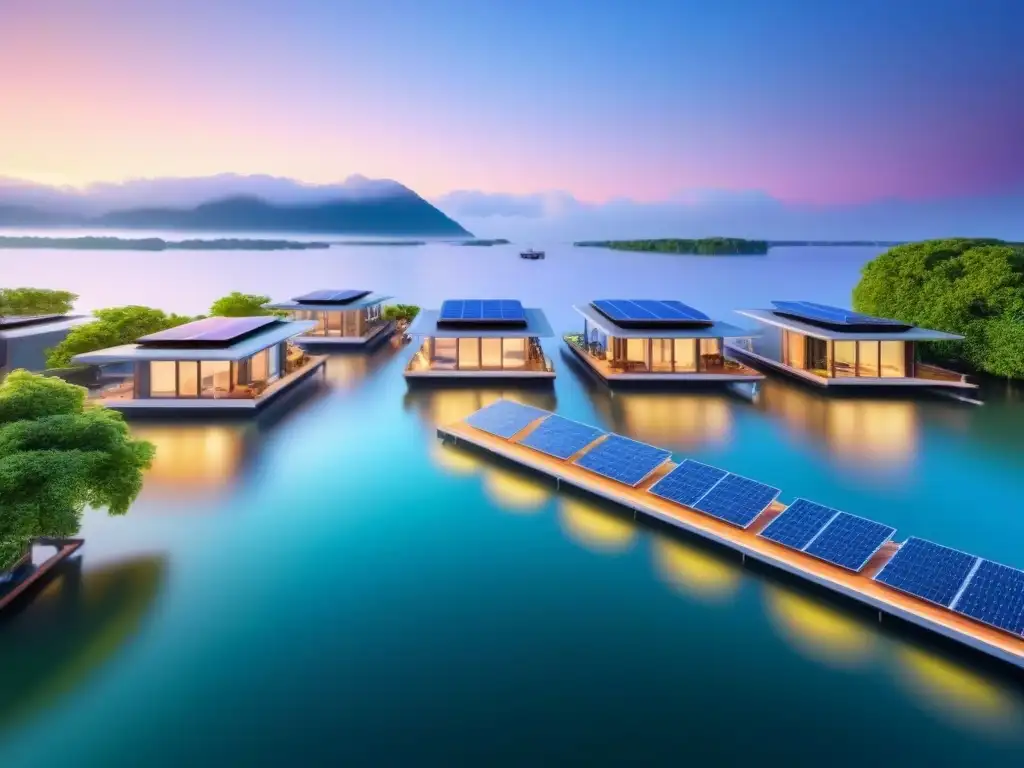 Villa flotante de diseño futurista en entorno natural Una aldea de casas flotantes modernas rodeadas de exuberante vegetación, paneles solares y grandes ventanales