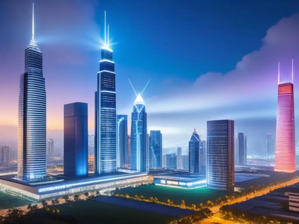 Alianzas estratégicas en la inmobiliaria del futuro Alianzas estratégicas en el marketing inmobiliario: una ciudad futurista iluminada, profesionales dialogando bajo hologramas de datos