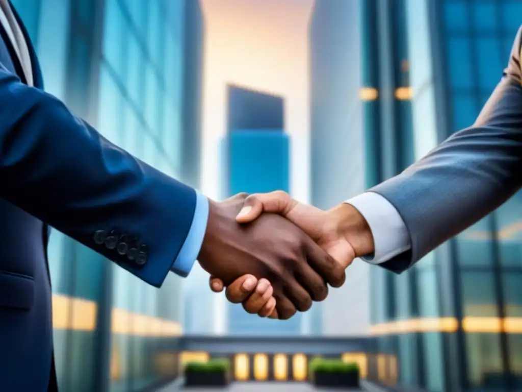Alianza estratégica en el sector inmobiliario internacional Alianzas estratégicas en el marketing inmobiliario: un apretón de manos entre dos socios frente a un edificio de oficinas moderno