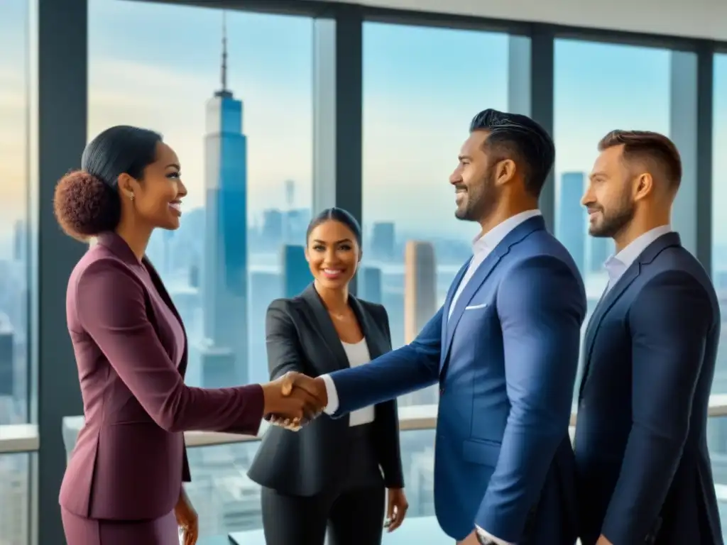 Alianzas estratégicas: Profesionales diversos se unen en éxito Alianzas estratégicas en marketing inmobiliario: Diversidad y éxito en colaboración profesional en oficina moderna