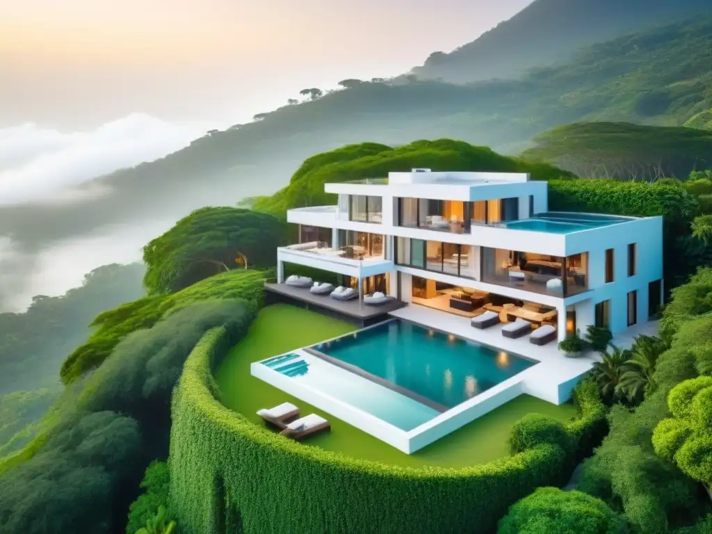 Propiedad vacacional de lujo: oasis exclusivo en la naturaleza Alianzas estratégicas propiedades vacacionales: Vista aérea de lujo con piscina, áreas lounge y paisaje exuberante