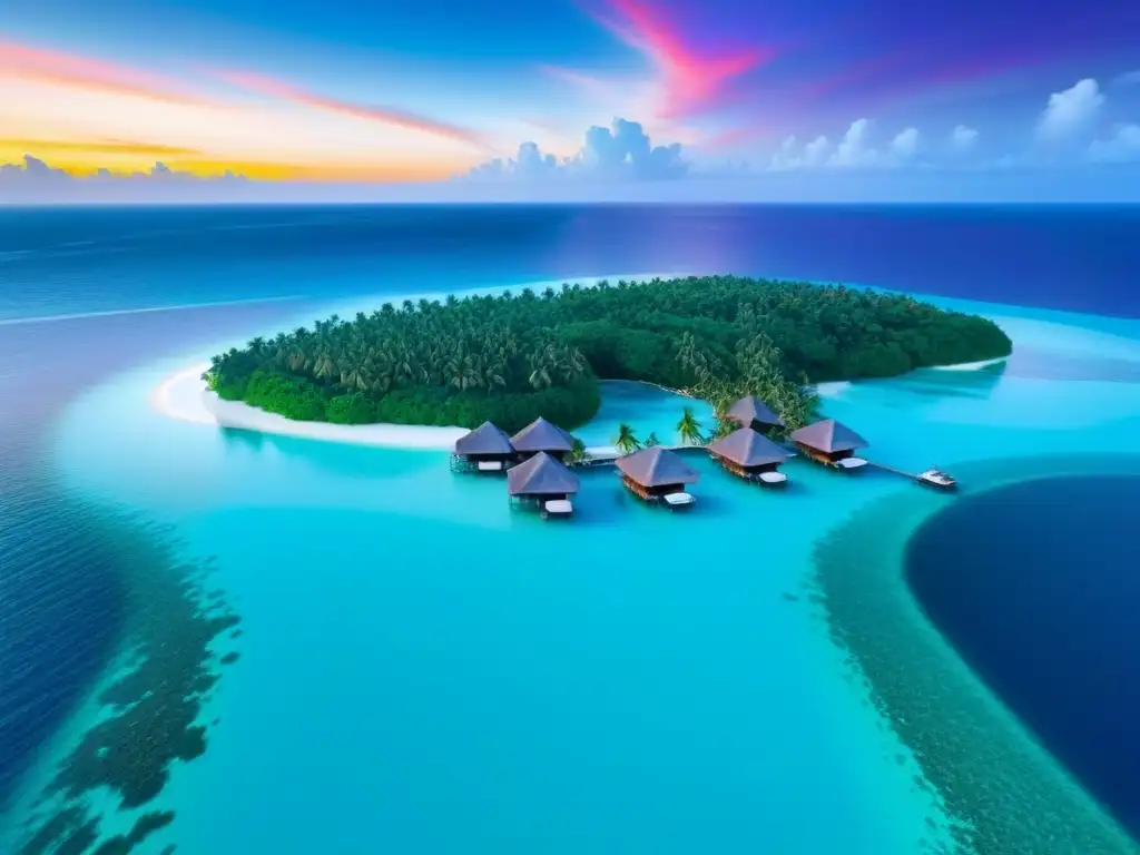 Exclusivo resort de isla privada: atardecer sereno y lujo natural Alianzas estratégicas resort isla privada: Elegantes villas sobre el agua con piscinas infinity en un atardecer sereno