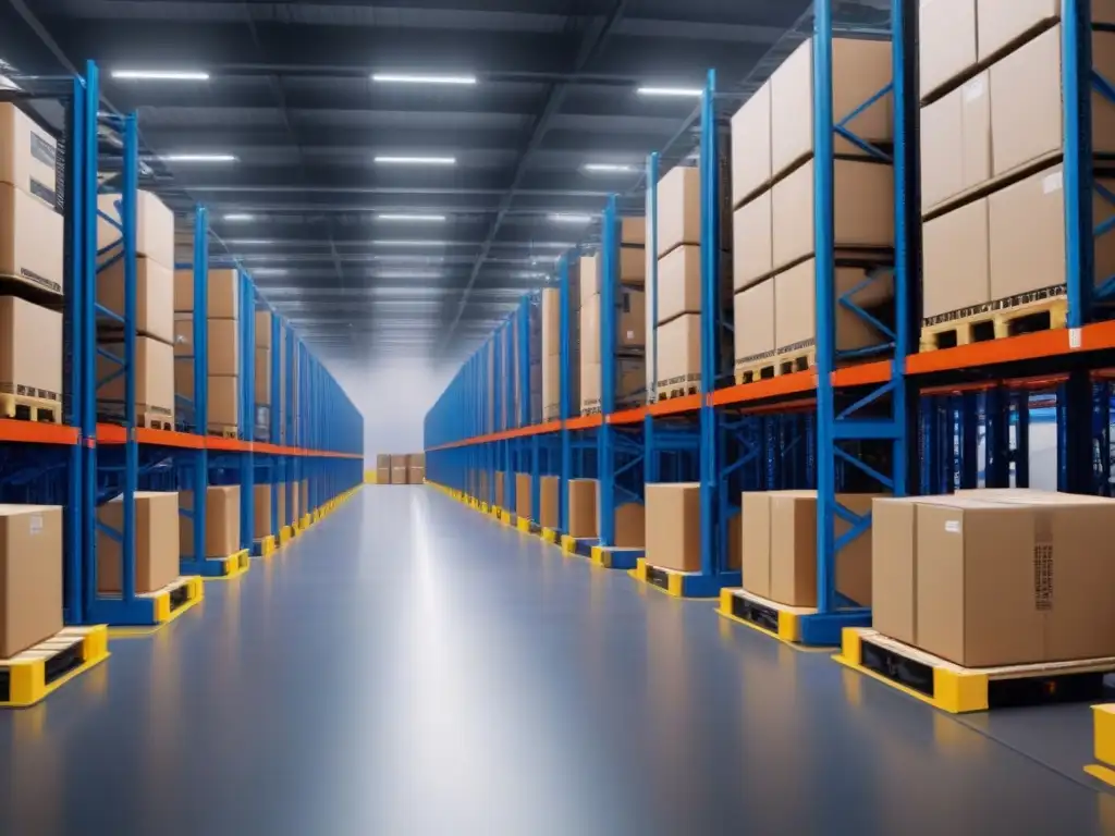 Almacén automatizado de alta tecnología: robots en acción Un almacén automatizado de alta tecnología muestra robots moviendo cajas con precisión y eficiencia bajo luces LED futuristas
