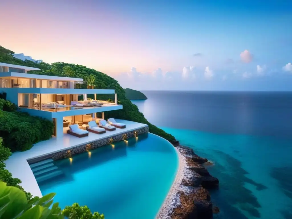Villa de lujo con piscina infinita en acantilado Alquiler vacacional de lujo en acantilado con piscina infinita y vistas al mar turquesa al atardecer