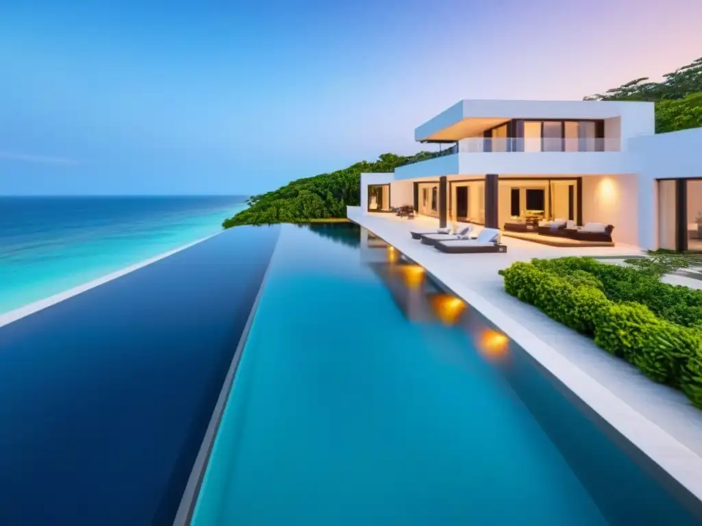 Villa de lujo en playa paradisíaca: piscina infinita y vistas al mar Alquiler vacacional de lujo en playa con piscina infinita y vistas panorámicas al mar bajo cielo azul despejado