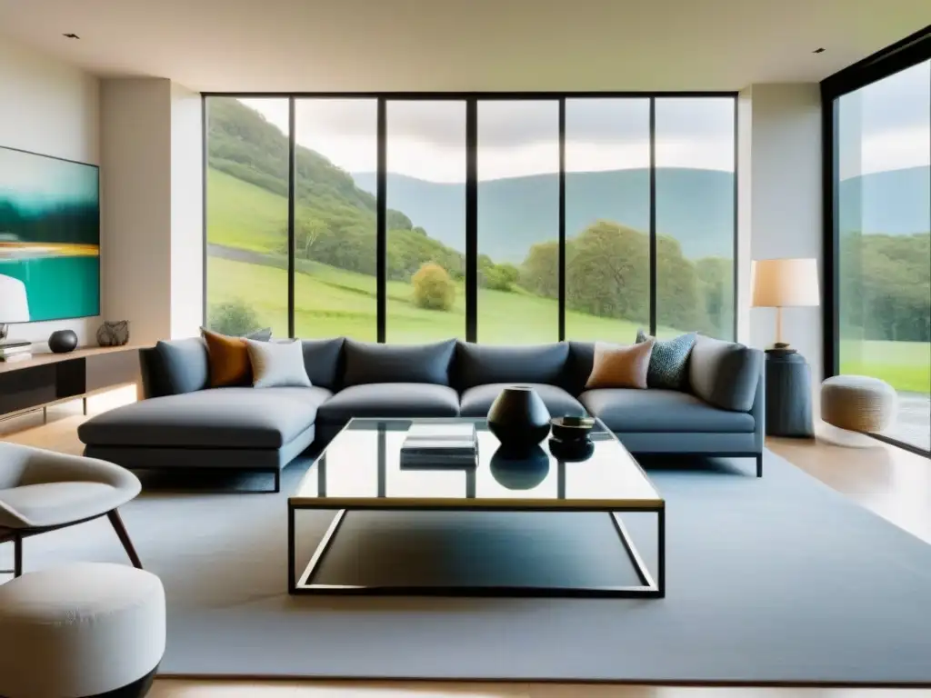 Salón de alquiler vacacional: lujo moderno y sofisticado Decoración alquiler vacacional mercado internacional: Sala de estar lujosa y moderna con sofá gris, cojines mullidos y obra de arte abstracto