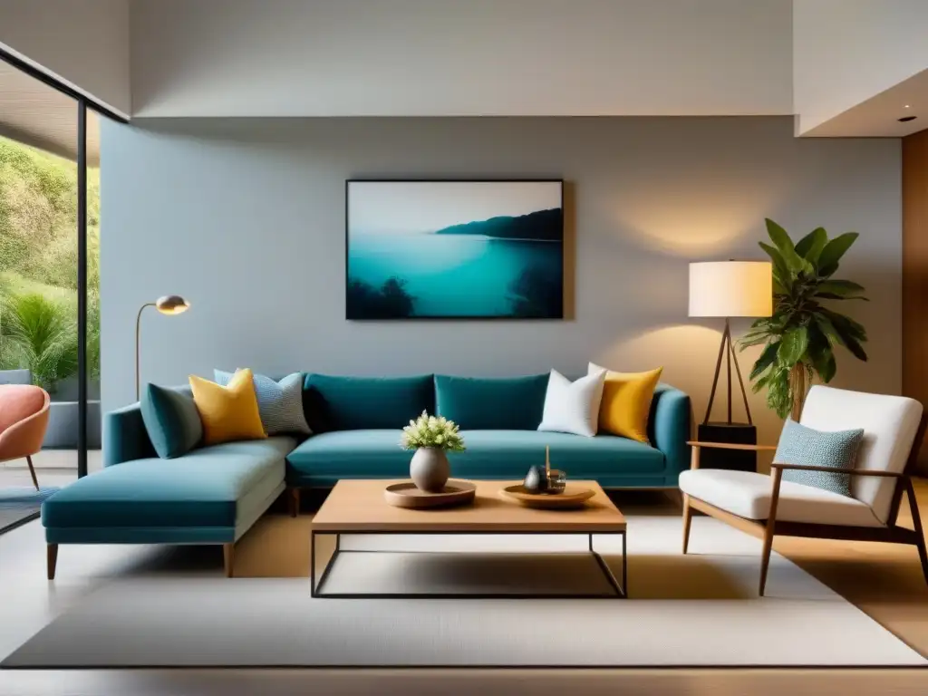 Salón de vacaciones moderno: diseño minimalista y toques vibrantes Decoración alquiler vacacional mercado internacional: Sala de estar minimalista y moderna con toques vibrantes y acogedores
