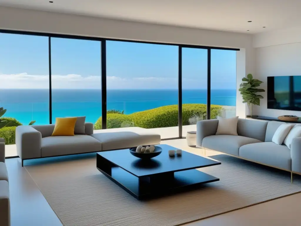 Salón vacacional de diseño moderno con vista al mar Decoración alquiler vacacional mercado internacional: Salón moderno y elegante con toques vibrantes, vista al mar y diseño sofisticado