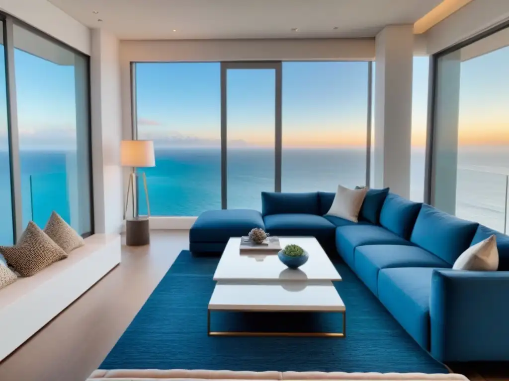 Salón de lujo con vista al mar: elegancia contemporánea Decoración alquiler vacacional mercado internacional: Salón de lujo con vista al mar, mobiliario moderno y colores relajantes