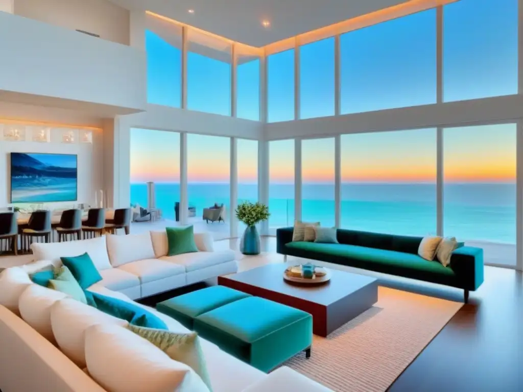 Alquiler vacacional de lujo frente a la playa: moderno y elegante salón con vistas al mar en 8k Alquiler vacacional en la playa: sala moderna con vista al mar, mobiliario elegante y acogedor, impacto en redes sociales