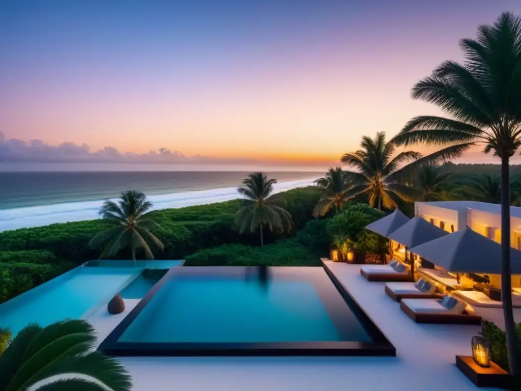 Propiedad vacacional de lujo con piscina infinita y vistas al mar Invertir en alquileres vacacionales internacionales: Exclusiva propiedad de lujo con piscina infinita, palmeras y vistas al mar al atardecer