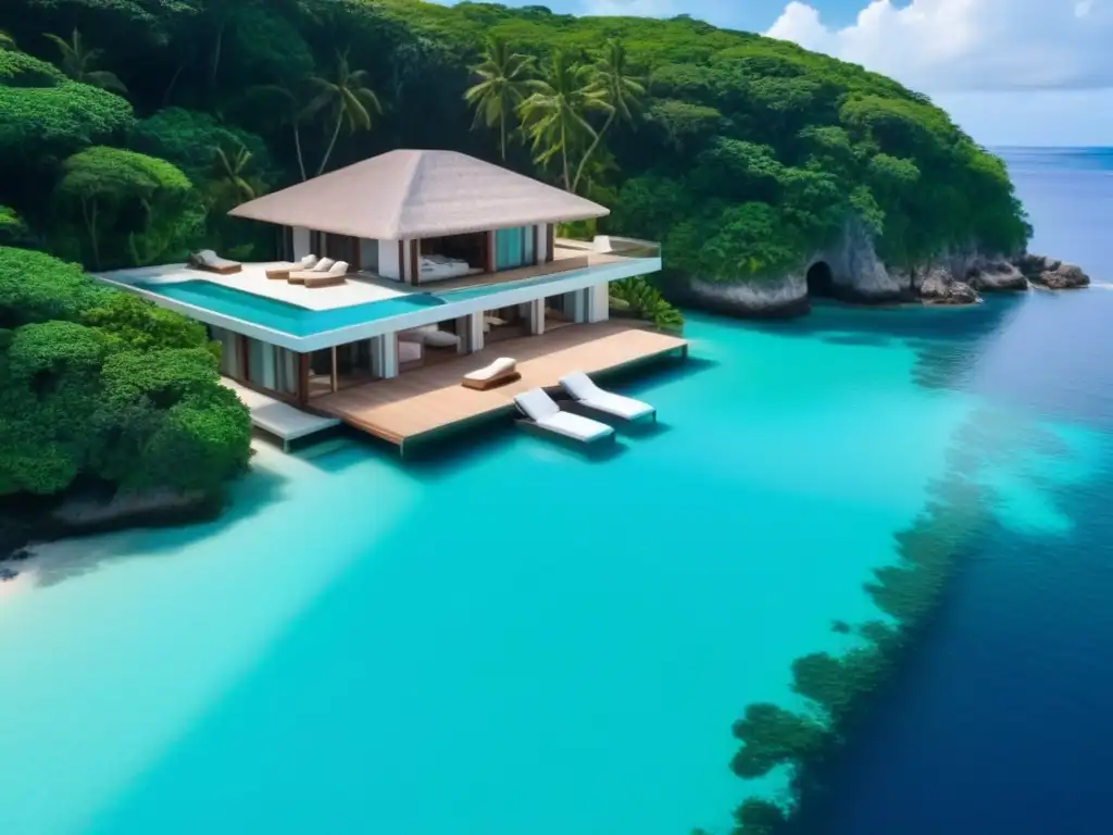 Paraíso exclusivo: lujosa propiedad vacacional en isla tropical Invertir en alquileres vacacionales internacionales: Vista aérea de lujo en isla tropical con aguas turquesas y arquitectura moderna