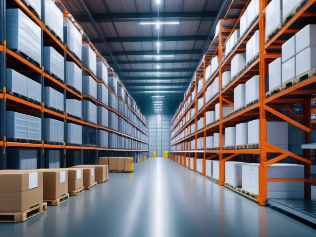 Almacén de alta tecnología: organización y eficiencia Almacén de alta tecnología: estanterías metálicas, luces LED brillantes y máquinas automatizadas
