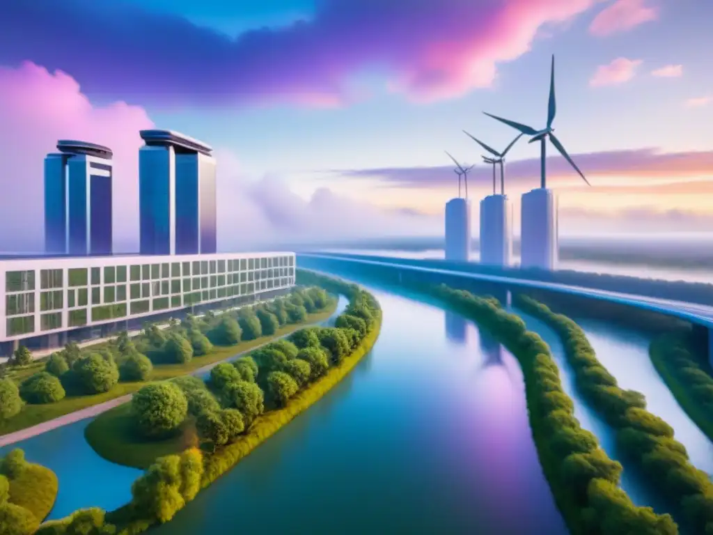 Ecociudad futurista: armonía entre naturaleza y tecnología Un amanecer armonioso en una ecociudad futurista con energía renovable y jardines verticales