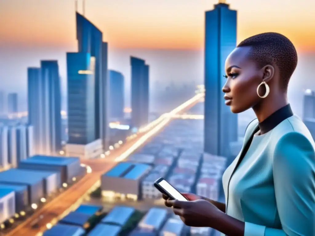Metrópolis africana: progreso y tecnología inmobiliaria Un amanecer en una bulliciosa metrópoli africana, con rascacielos modernos y gente interactuando con tecnología inmobiliaria