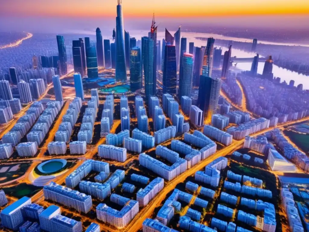 Amanecer futurista en metrópolis vibrante Un amanecer impresionante sobre una metrópolis futurista con rascacielos, parques urbanos y transporte público eficiente