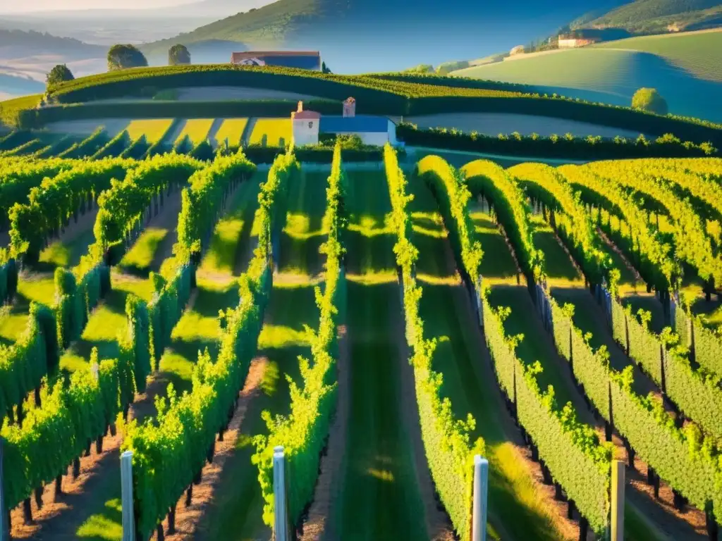 Viñedo al amanecer: belleza natural que cautiva Un amanecer impresionante en un viñedo, con hileras de vides verdes que se extienden hacia el horizonte