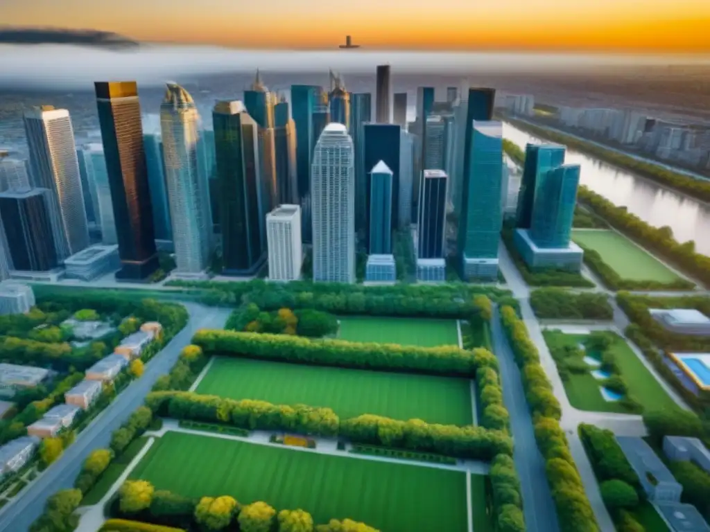 Espectacular skyline urbano en América del Norte: inversión inmobiliaria y tecnología Un amanecer radiante sobre la ciudad: rascacielos modernos, parques verdes y vida urbana vibrante