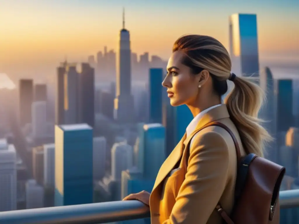 Amanecer en la ciudad: arquitectura diversa y dinamismo urbano Un amanecer vibrante en la ciudad con diversos estilos arquitectónicos, desde edificios históricos hasta rascacielos modernos, iluminados por el sol con un resplandor dorado