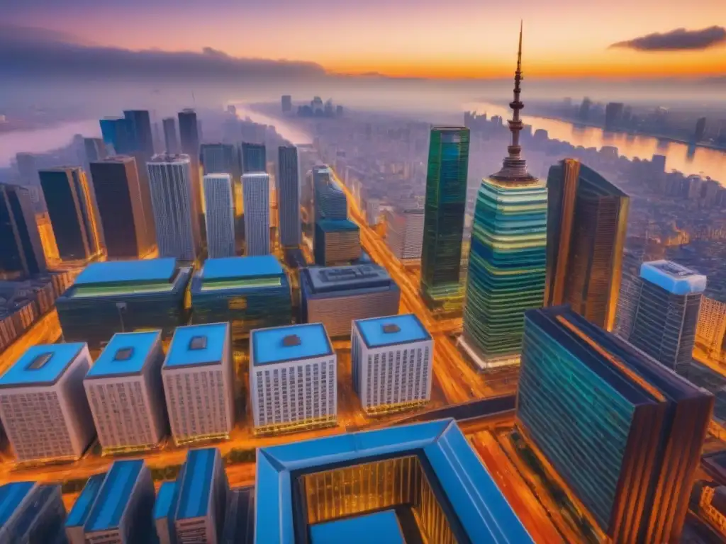 Cityscape vibrante: mezcla de modernidad y tradición al amanecer Un amanecer vibrante en la ciudad con modernos rascacielos y edificios tradicionales, reflejando el potencial inmobiliario en economías en transición