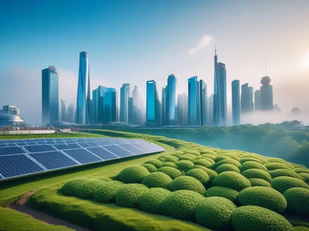 Horizonte ecoamigable: ciudad futurista con diseño sostenible Innovación ambiental: horizonte urbano moderno con edificios verdes y tecnología eco amigable