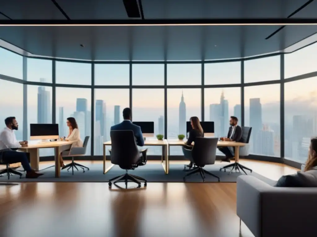 Profesionales colaborando en espacio coworking de alta tecnología Un ambiente de coworking internacional con profesionales colaborando, gráficos digitales y una atmósfera innovadora
