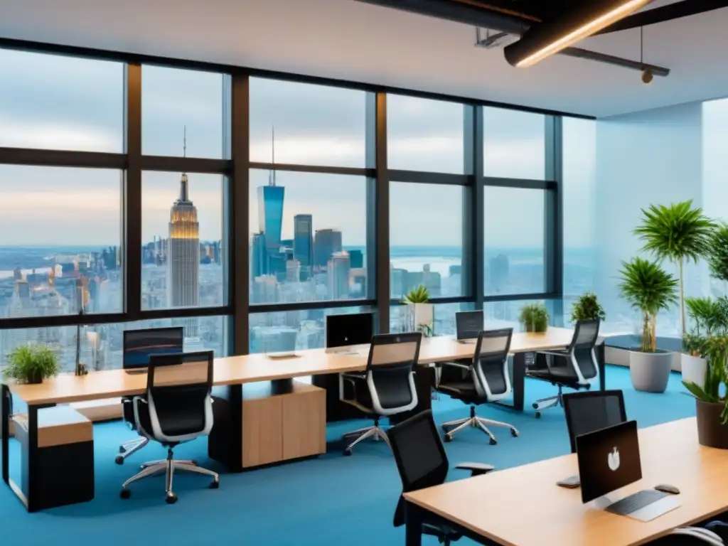 Ambiente creativo y productivo en coworking internacional, con profesionales colaborando en espacio moderno y elegante