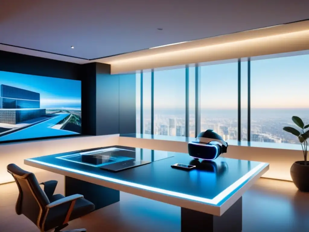 Oficina futurista con realidad virtual: integración tecnológica inmersiva Un ambiente futurista en oficina moderna con casco de realidad virtual en mesa de vidrio