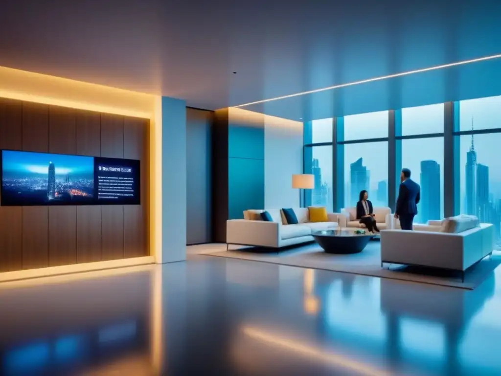 Oficina futurista con recomendaciones inmobiliarias personalizadas Un ambiente futurista en la recepción de una empresa inmobiliaria global, con tecnología avanzada y colaboración profesional