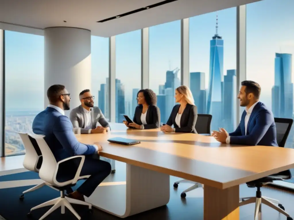 Reunión estratégica de profesionales en oficina moderna Un ambiente innovador y colaborativo en una oficina moderna con profesionales discutiendo estrategias de publicidad pagada internacional inmobiliaria